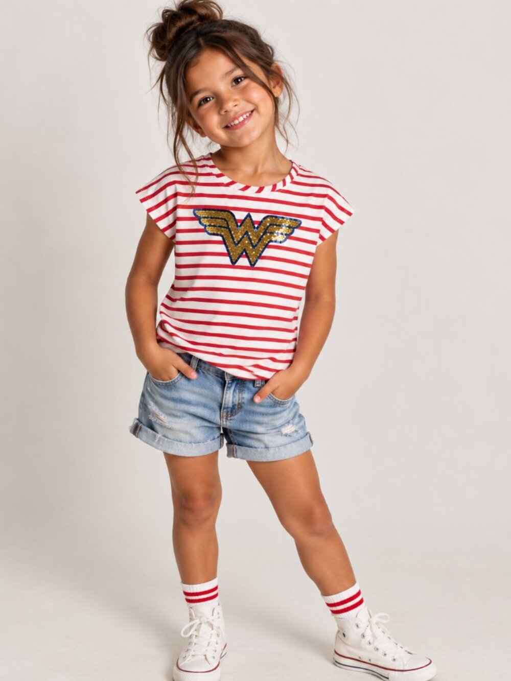 Wonder Woman Girls Size 6/6X Red White Striped Graphic Tee Shirt